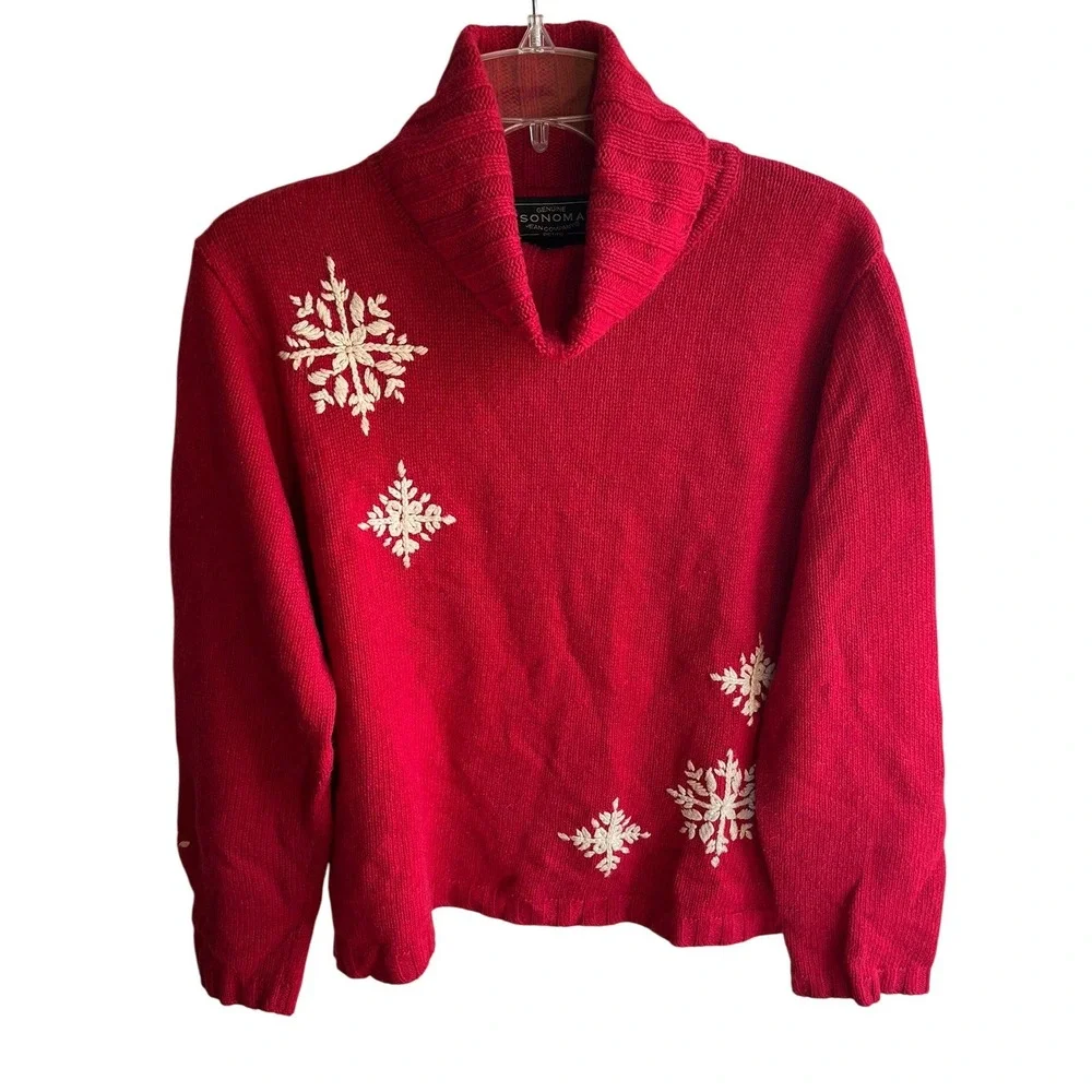 Vintage Womens Y2K Red Ramie Wool Blend Chunky Knit Turtleneck Snowflake Sweater